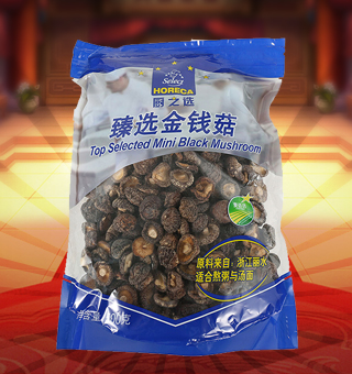 廚之選(HORECA SELECT)金錢菇產(chǎn)自浙江麗水500g每袋，精選優(yōu)質(zhì)金錢菇，經(jīng)先進(jìn)工藝加工而成，其味清香可口，質(zhì)地細(xì)膩，是一種風(fēng)味獨(dú)特的食用菌。將本品用清水洗凈浸泡后，可直接與肉絲爆炒、排骨煲湯，或作為佐料，葷素皆宜本產(chǎn)品采用的是袋裝的包裝方式，包裝較輕，讓您攜帶起來更加的方便自如。